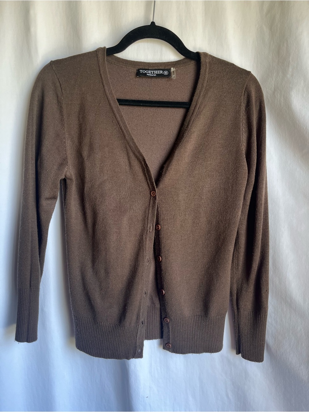 Together Brown V-Neck Button Cardigan missing top button